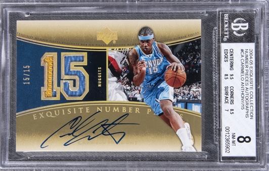 2004-05 UD "Exquisite Collection" Number Pieces Autographs #CA Carmelo Anthony Signed Game Used Patch Card (#15/15) – BGS NM-MT 8/BGS 10 